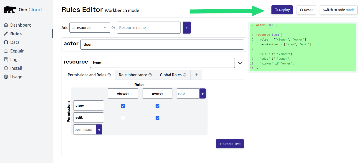 Screenshot indicating how to deploy your policy