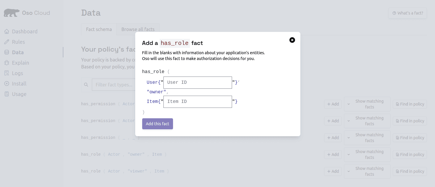 Screenshot of the interface to add a fact