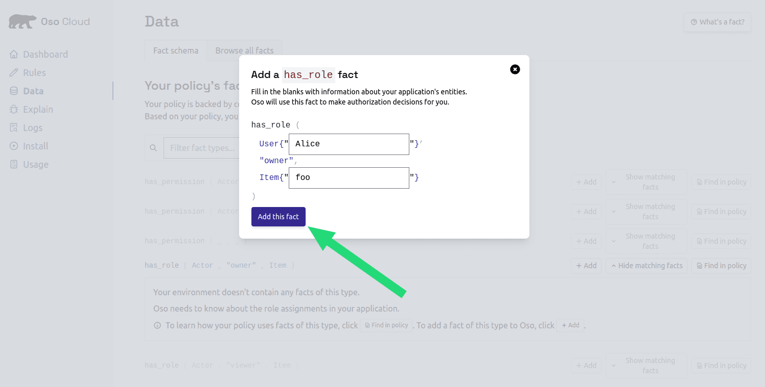 Screenshot pointing to the button to add the fact